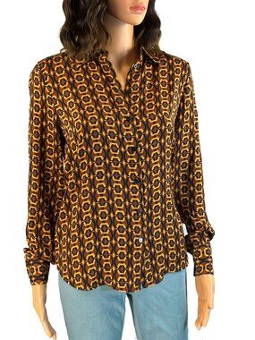 Rachel Roy Brown Gold Geometric Button Down Blouse XS 70s Inspired Retro Print